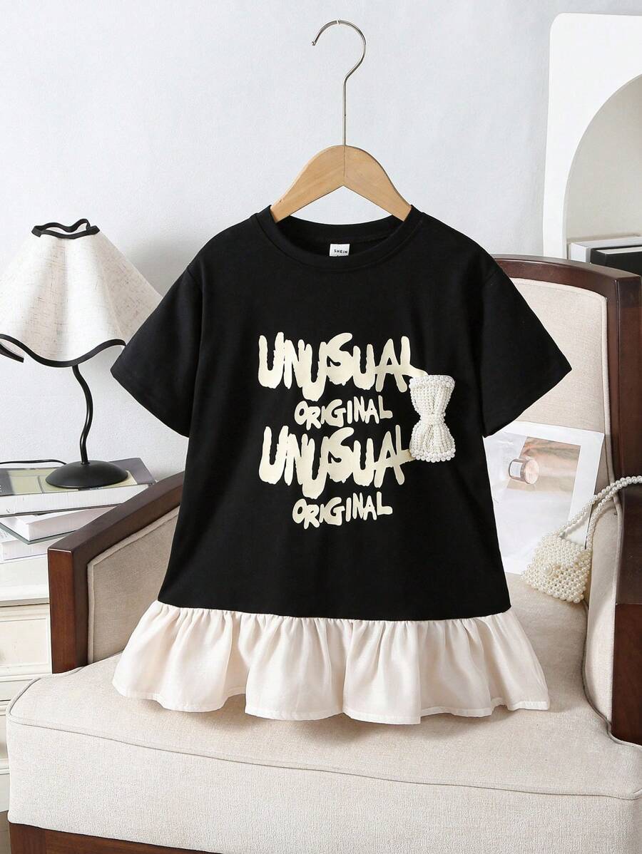 Young Girl Knit Patchwork Ruffle Hem Casual Short Sleeve Dress Young Girl Clothes Summer, Girls School Uniform, School Tops, Tops For School - Multicolor - View 1