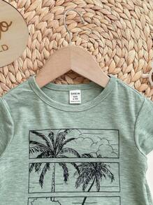 Baby Boy Cartoon Coconut Tree Pattern Knitted Soft Round Neck Short Sleeved Top - Green - View 6