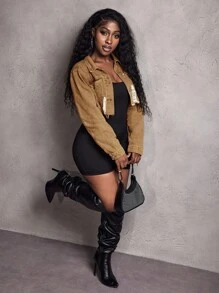 Slaydiva Women's Long Sleeve Single-Breasted Distressed Cropped Denim Jacket - Khaki - View 6