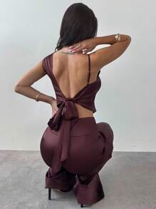 Firerie Bộ trang phục hai mảnh áo và quần hở lưng bất đối xứng thanh lịch dành cho nữ, trang phục tốt nghiệp, trang phục giáo viên, bộ trang phục trở lại trường - Cà phê nâu - Xem 2