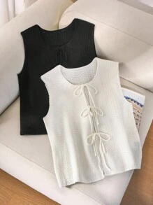 CosyJoli 大码女式两件套休闲装，黑色上衣和米色上衣，时尚蝴蝶结前襟设计，百搭日常穿着 - 彩色 - 查看 4