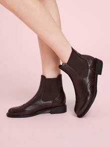 CUCCOO DOLLMOD 圆头弹力一脚蹬时尚英伦风格平底女靴，咖啡色正装靴，圆头厚底女式踝靴，短靴 - 咖啡棕 - 查看 5