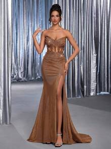 Glamrae Váy xòe đuôi cá xếp ly ren thêu mảnh, sang trọng, thanh lịch, sang trọng, phù hợp cho đám cưới, tiệc tùng, kỳ nghỉ, dạ hội, sự kiện trang trọng (Độ bền cao) - màu nâu - Xem 4