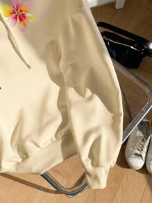 SHEIN EZwear 休闲简约热带水果印花连帽长袖宽松运动衫，适合女士秋冬 - 杏色 - 查看 5