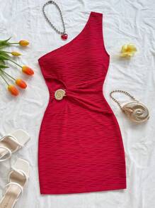 Soleia 女士镂空贝壳金属贴花纹理面料修身迷你连衣裙，适合节日、约会、下午茶、度假、音乐节、波西米亚风、钩针编织、亚麻 - 酒紅色 - 查看 3