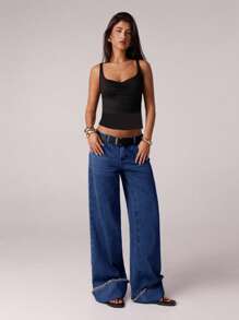 SHEIN Forever 21 女士牛仔裤 低腰牛仔裤 商务休闲女士 Y2k 阔腿裤 办公室女士 宽松裤 夏季裤子 休闲女士蓝色牛仔裤 夏季女士裤子 牛仔裤 嬉皮女士服装 - 寶藍色 - 查看 4