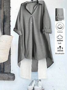 SHEIN LUNE 大码女式经典法式复古风格百搭条纹休闲百搭衬衫，时尚都市时尚设计，适合所有季节，可搭配衬衫和夹克 - 彩色 - 查看 1