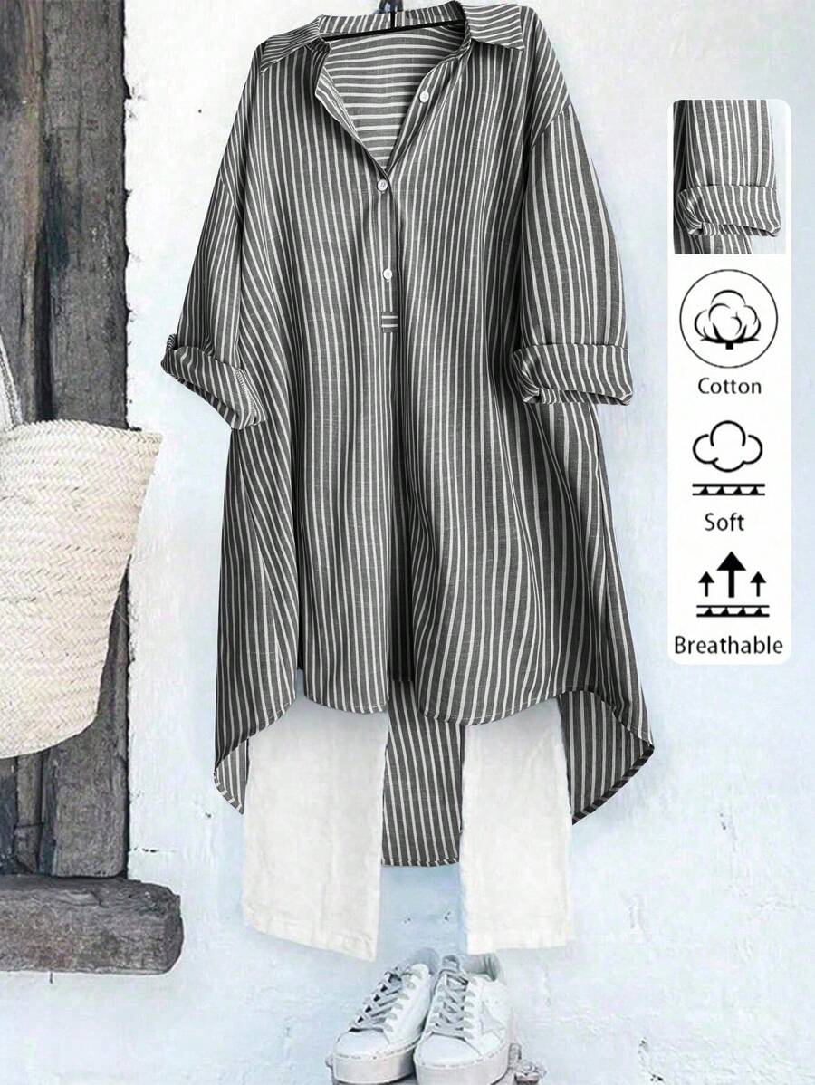 SHEIN LUNE 大码女式经典法式复古风格百搭条纹休闲百搭衬衫,时尚都市时尚设计,适合所有季节,可搭配衬衫和夹克 - 彩色 - 查看 1