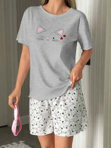 EURMUSE Women 2 Pcs Cute Cat Print Short Sleeved & Cat Pattern Shorts Homewear Cute Pajama Set - Light Grey - View 3