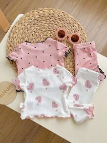 4pcs Baby Girl Ribbed Ruffle Trim Cartoon Print Short Sleeve Top And Long Pants Pajama Set, Breathable And Moisture-Wicking Graphic - Pink - View 2