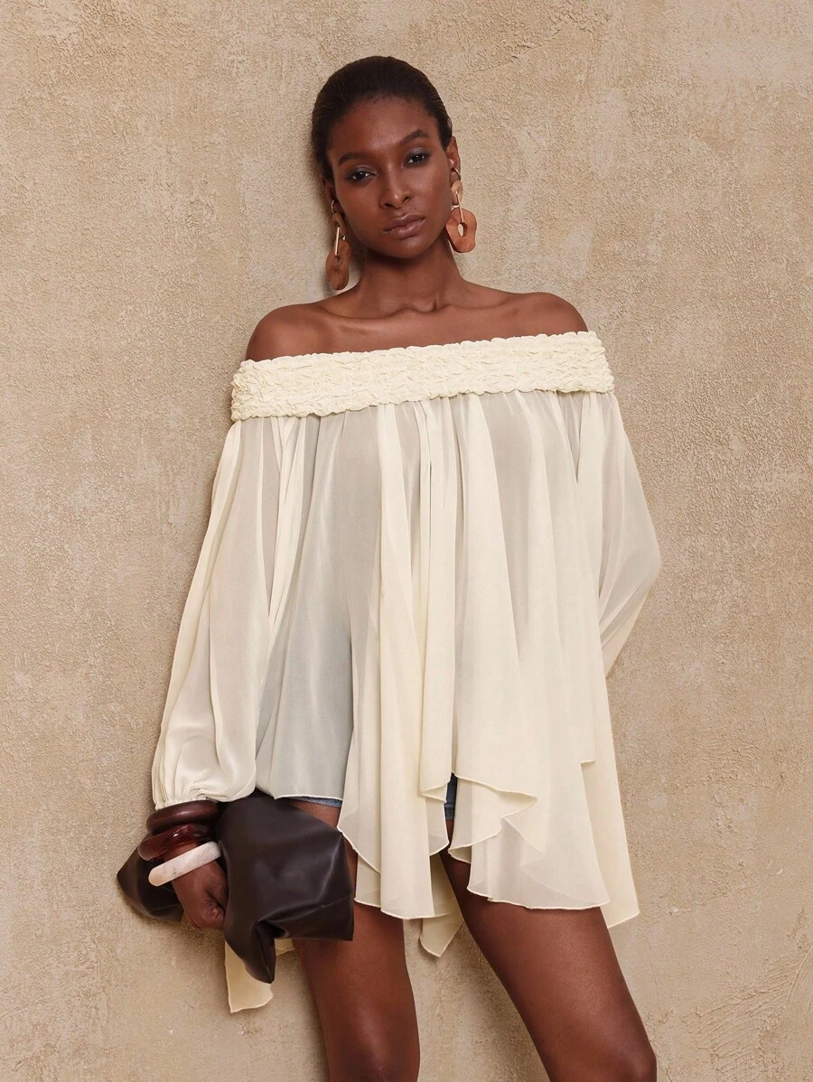 Lumalex VITNOS 秋夏假期 BOHO 女式纯色露肩灯笼袖荷叶边下摆宽松时尚衬衫露肩夏季上衣流苏上衣长袖露肩上衣