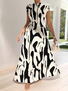 Firerie Lässiges, elegantes Maxikleid für Damen mit abstraktem Schwarz-Weiß Pinselstrich-Muster, asymmetrischer Taille, geeignet für Sommer, Party, Strand und Ausgehen
