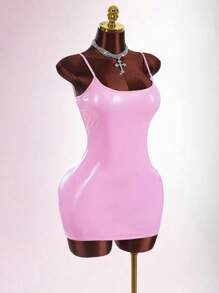 Amplova 女式简约纯色镜面 PU 吊带裙，基本款夏季连衣裙