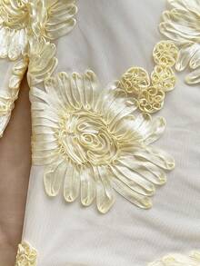 Soleia New Casual Vacation, Western, Beach, Wedding Guest, Graduation, Brunch Spring Break, Easter, Music Festival - Elegant Bohemian, Tropical, Sheer, Embroidered Flared Sleeve Asymmetric Shoulder Top - Apricot - View 4