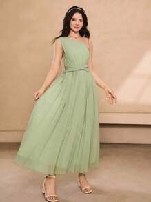 Elegant Pleated Waist Spaghetti Strap Dress, Suitable For Weddings, Back To School Season, Teens - Green - View 6