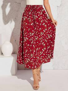 SHEIN Clasi 滿版印花腰上打結喇叭下擺半身裙 - 酒紅色 - 查看 4