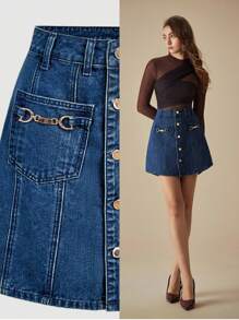 SHEIN Frenchy Women's Summer Casual Front Button Denim Skirt - Blue - View 1