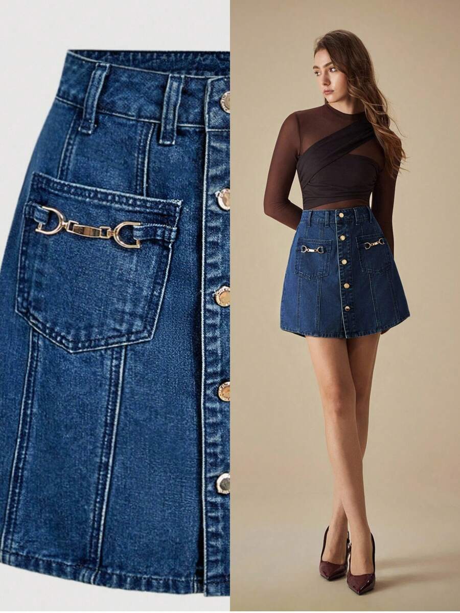 SHEIN Frenchy Women's Summer Casual Front Button Denim Skirt - Blue - View 1