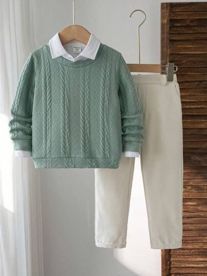 SHEIN قطعتان بدلة أطفال صبية، بلوزة كريو ذات أكمام طويلة وبنطال كاجوال مع حزام زخرفي، موضة متعددة الاستخدامات، مناسبة لحفلات عيد الميلاد والمناسبات والزفاف والمعمودية وبداية العام الدراسي والمواسم الرياضية وعيد الهالوين والكريسماس