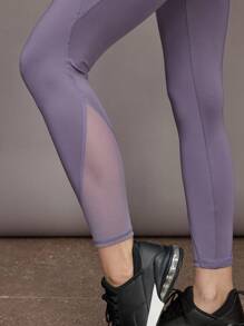 Activina 吸汗撞色网眼运动紧身裤，带手机口袋，女款瑜伽裤 - 淺灰紫 - 查看 5