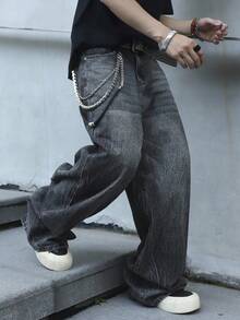 Manfinity EMRG Męskie jeansy retro z haftem w kolorze czarnym, luźne, z szerokimi nogawkami