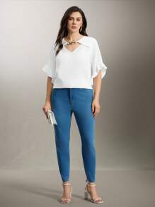 Camisa de talla grande de unicolor con cuello hueco y mangas con volantes - Blanco - Ver 5
