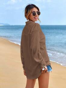 EURMUSE Women's Solid Color Drop Shoulder Long Sleeve Single-Breasted Casual Shirt - Mocha Brown - View 5