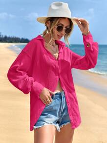 EURMUSE Camisa de manga larga holgada de unicolor con hombros caídos, estilo minimalista y casual de vacaciones para mujer - Rosa Fucsia - Ver 3