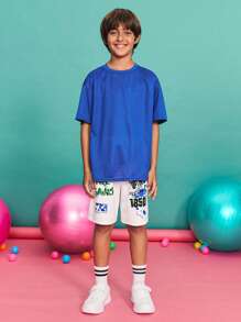 SHEIN Pantalones cortos casuales y cómodos de cintura media con estampado de letras para niño preadolescente, pantalones cortos gráficos para niño preadolescente, temporada de regreso a la escuela, Navidad - Blanco - Ver 4