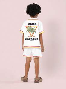 SUMWON 棕榈天堂夏季假日衬衫套装热带海滩度假幼儿儿童纽扣领复古休闲 - 米色 - 查看 1