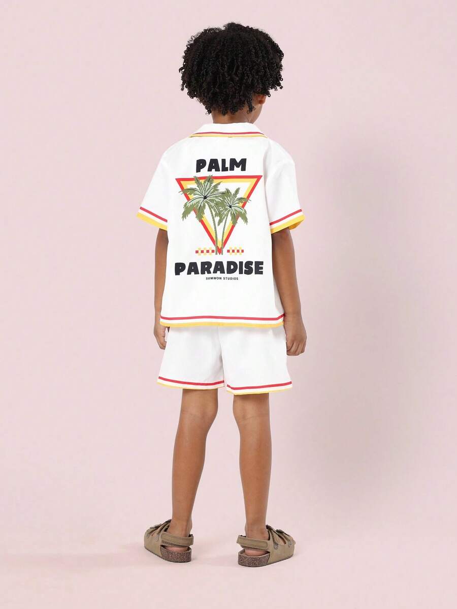 SUMWON 棕榈天堂夏季假日衬衫套装热带海滩度假幼儿儿童纽扣领复古休闲 - 米色 - 查看 1