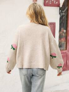 Vivid Eden Lässiger Damen-Cardigan mit Blumenmuster, Vorderknopf, heruntergelassene Schulter, Button-Up-Strickjacke, Blumen-Cardigan, Button-Up-Cardigan, Herbst-Damenkleidung