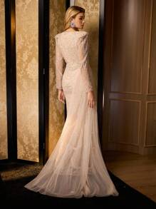 MOTF Soiréza Langes schräges asymmerrisches Perlmutt-Set mit abnehmbarer Ausschnitt, MAXI-Perfekt mit Mermaid-Sem und überlappendem Pearle-Design für Gala-Veranstaltungen und funkelnde Spitzen-Occessoires