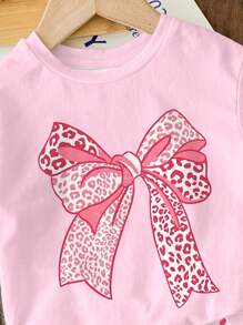 SHEIN 两件套可爱甜美粉色豹纹蝴蝶结印花芭蕾舞风格少女休闲简约短袖短裤套装，适合夏季、休闲夏日、度假风、返校季，2000年代风格，Y2K女孩蝴蝶结衬衫女孩豹纹印花服装套装女孩夏季套装少女服装夏季 - 彩色 - 查看 5