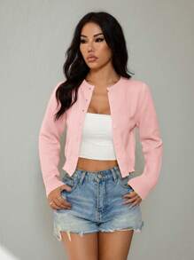 SHEIN PETITE 女士休闲纯色短款开衫 粉色开衫 秋冬女款 - 粉色 - 查看 6