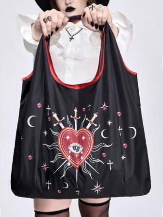 Grunge Punk Große, faltbare Einkaufstasche mit Augen-, Herz- und Sternmuster sowie Kunstperlendekor, tragbare Einkaufstasche mit Münzbeutel, Artikel-Nr. 1337053