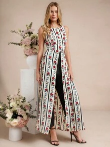 Amorya 女士圆领无袖条纹花卉印花高腰修身直筒裤，优雅日常穿着，春夏，秋季