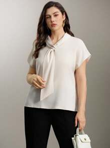 Flouryn 女士杏色优雅通勤休闲系领短袖衬衫 - 杏色 - 查看 4