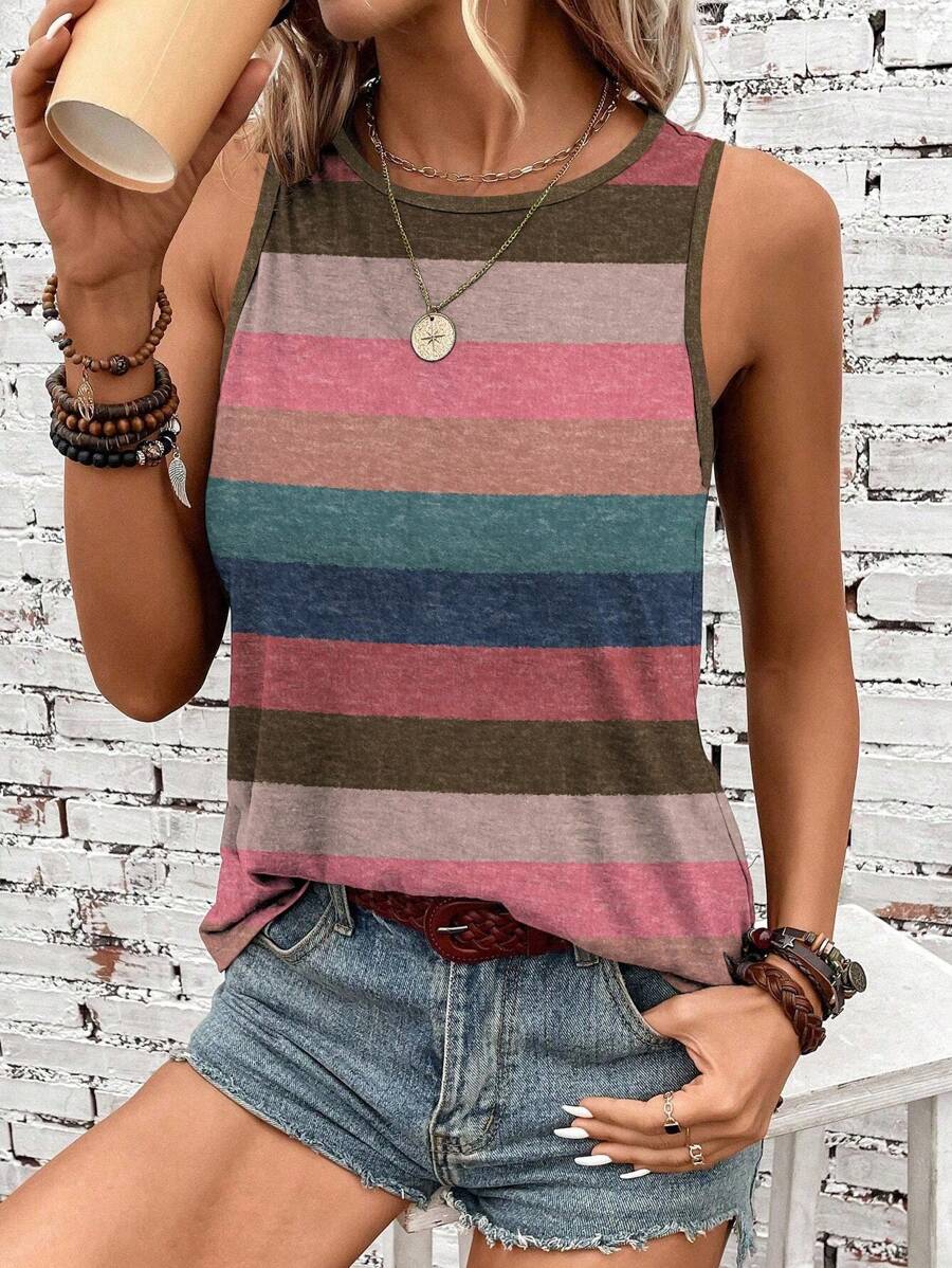 SHEIN LUNE Casual Striped Pattern Round Neck Tank Top For Women, Suitable For Summer Back To School