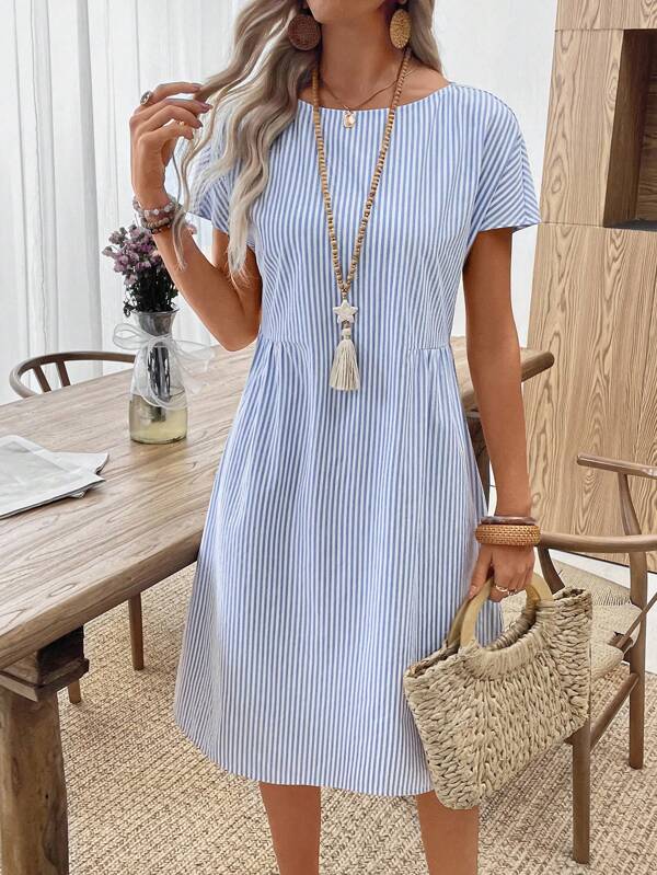 EMERY ROSE Women's Casual Striped Round Neck Summer Dress Vestidos Summer Dresses For Women Vacation Dress,Boho Clothes Women Vestidos Casuales De Mujer Vestido De Verano Best Selling Dresses Casual Dresses For Woman