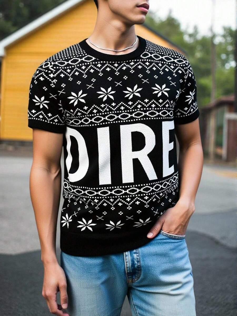 Manfinity Homme Men's Casual Letter Print Round Neck Short Sleeve Knit Sweater, Summer Back To School - Multicolor - View 1