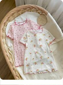 Baby Girl Ditsy Floral Ruffle Hem Round Neck Loose Knitted Nightgown 2 Pieces Set Print - Multicolor - View 1