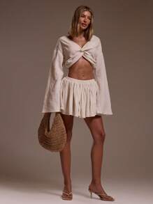 MUSERA V Plunge Ruched Front Top Elasticated Floaty Skirt Coord Summer Ibiza Fits Holiday Vacation Sexy Beach Romantic Elegant Occasion Birthday Boho - Beige - View 5