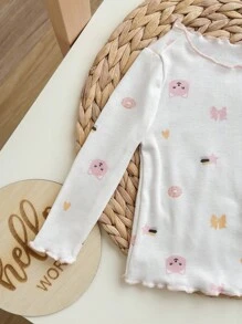 4pcs Baby Girl Cute Cat Print Ruffle Trim Round Neck Long Sleeve Top And Pants Soft Comfortable Homewear Set Graphic - Pink - View 3