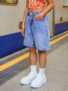 SHEIN Shorts vaqueros holgados tipo bermuda casuales para niñas preadolescentes, shorts vaqueros de verano, shorts vaqueros Y2K