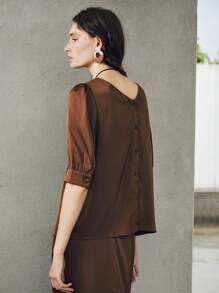 Uhlyne Women's Satin Silk Like Vacation/Office Wear Loose Fit Round Neck Back V-Neck 3/4 Sleeve Top And Mermaid Hem Skirt 2-Piece Set,Coffee Brown,Caramel,Easy Care,Autumn,Minimalist,Work Wear,Teacher Outfits,Back To School,Fall ,Neutral Clothes,Business Casual,Old Money Style Brown Two Piece Set Women Brown Satin Two Piece Set Brown Silk Two Piece Set Maillard Style Casual Outfits Spring - Coffee Brown - View 2