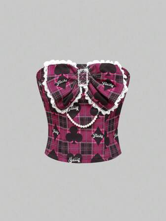 J-Fashion Top tipo bandeau con lazo y estampado de letras a cuadros para mujer
