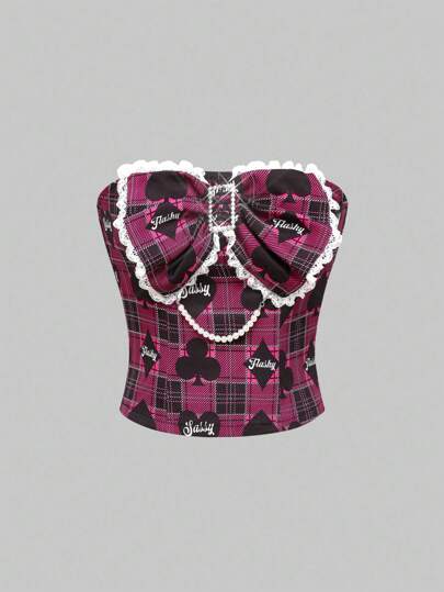 J-Fashion Top a fascia con fiocco decorativo e plaid a forma di lettera per donne