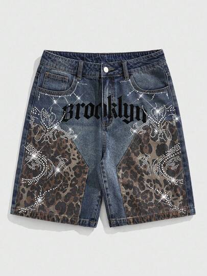 Grunge Punk Men's Fashion Leopard Print Patchwork Rhinestone Embellished Denim Shorts