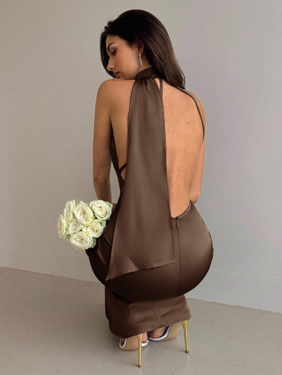 Aloruh 女式性感优雅长款缎带露背修身缎面连衣裙 - 棕色 - 查看 1